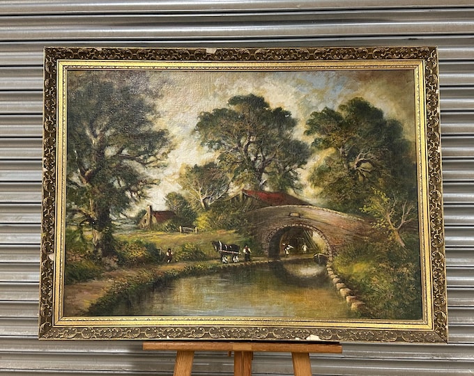 Large Landscape Oil Painting By Dennis C Randall (c.1900) Depicting A Carthorse On a Canal Towpath