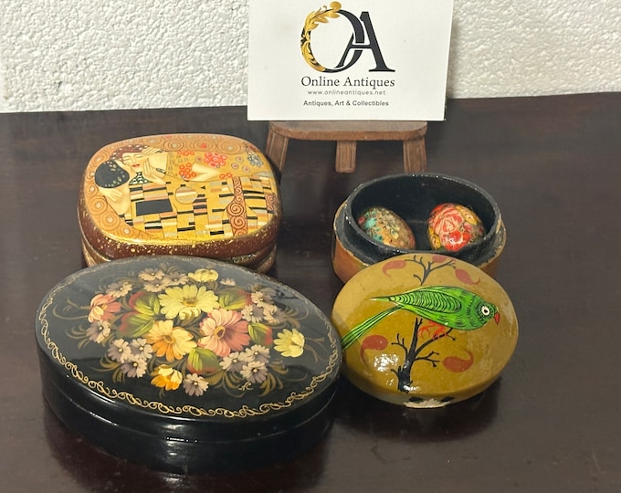Three Vintage Hand Painted Black Lacquered / Papier Mache Boxes Plus Hand Painted Eggs