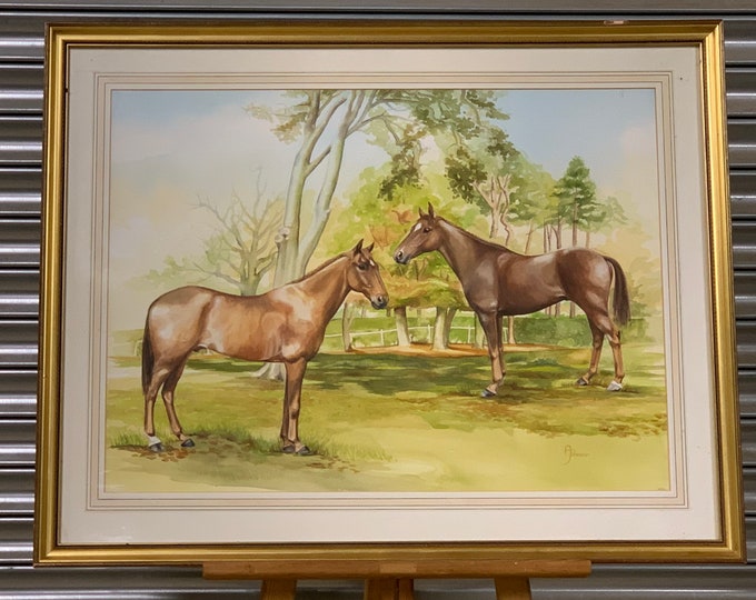 Very Large Contemporary Watercolour Of Two Thoroughbred Horses Signed A Johnson.