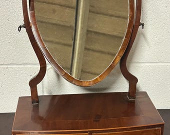 Early 19th Century Shield Shaped Freestanding Mahogany Tilt Top Dressing Table Mirror with Two Drawers