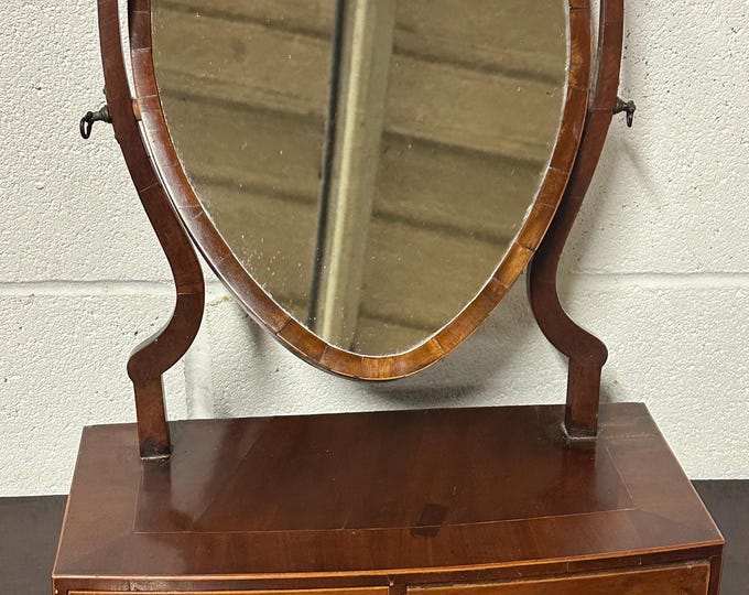 Early 19th Century Shield Shaped Freestanding Mahogany Tilt Top Dressing Table Mirror with Two Drawers