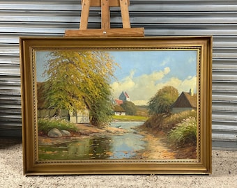 Large Original Signed Landscape Oil Painting – Idyllic Village & River Scene