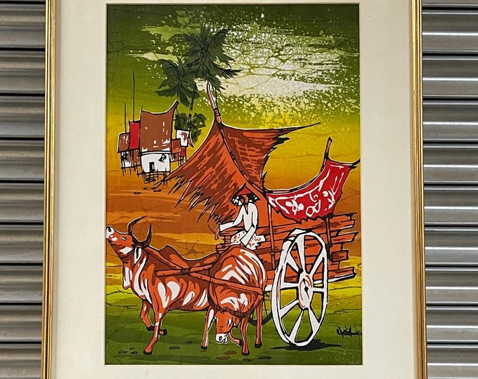 Gorgeous Japanese Painting On Silk Depicting Farmer On His Cart Pulled By Water Buffalo