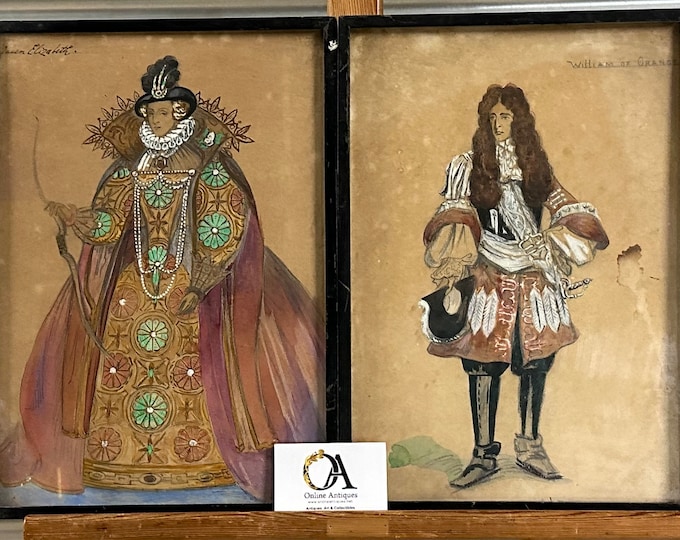 19thC Original Costume Design Paintings Of Queen Elizabeth & William Of Orange