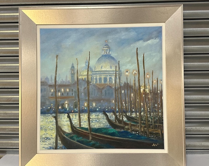 Beautiful Original Oil on Board – Venetian Gondolas at Dusk – Signed A.W. – Framed