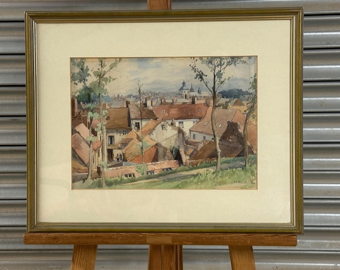 Lovely Antique Early 1900’s Watercolour Of A Village/ Town Scene Signed M Morton