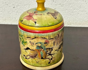 Lovely Antique Vintage Indian Hand Painted Cylindrical Trinket Box