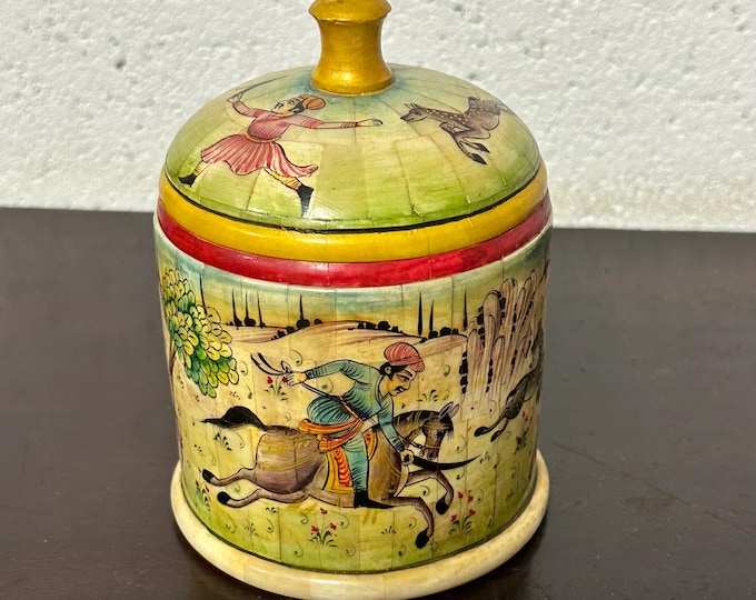 Lovely Antique Vintage Indian Hand Painted Cylindrical Trinket Box