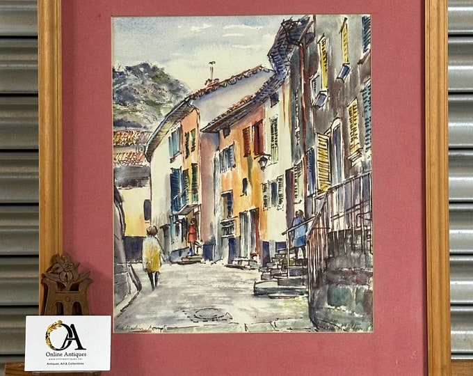 Lovely Circa 1970’s Watercolour Of Rue Moulin, Annot, Provence, France By Jim Muggleton