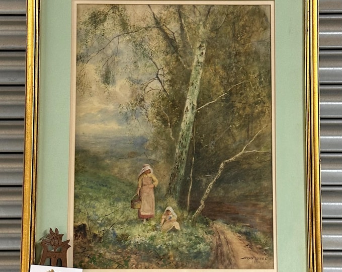 Beautiful 19th Century Watercolour Of A Mother & Daughter Woodland Scene (possibly the New Forest area) By The Artist Fred Hines