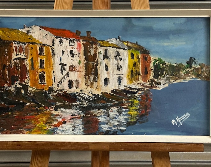Mid Century Coastal Harbour Oil Painting by M. Harrison – Vibrant Mediterranean Seaside Scene c.1960’s – Framed Original Artwork