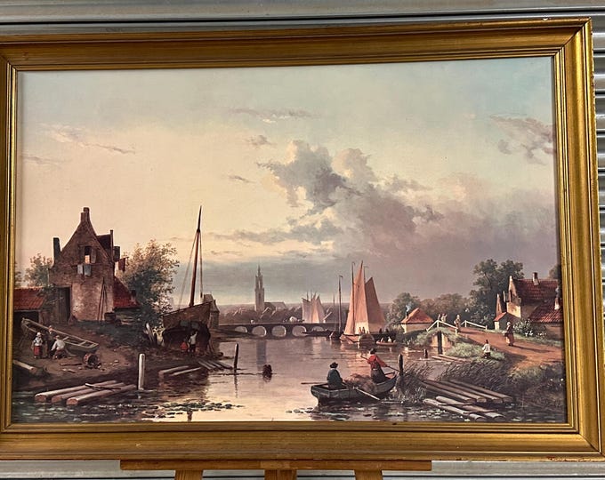 Very Large Gilt Framed Print, Quiet Evening Hour, Signed by Jan Spohler - Dutch