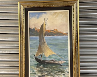 Gilt Framed Oil Painting Coastal Sailing Boat Seascape Maritime Art, by Frank Forty