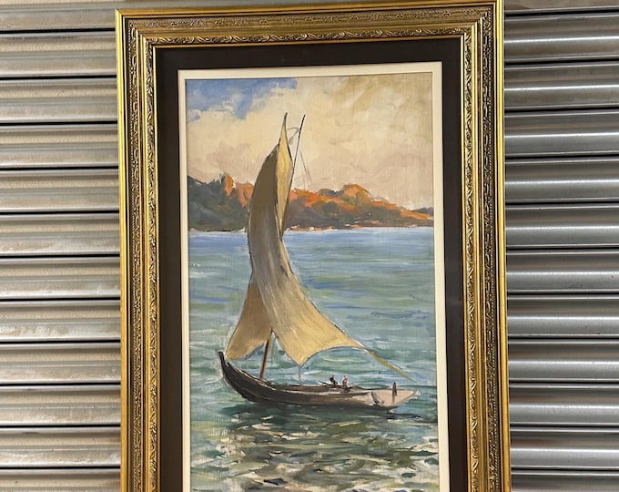 Gilt Framed Oil Painting Coastal Sailing Boat Seascape Maritime Art, by Frank Forty