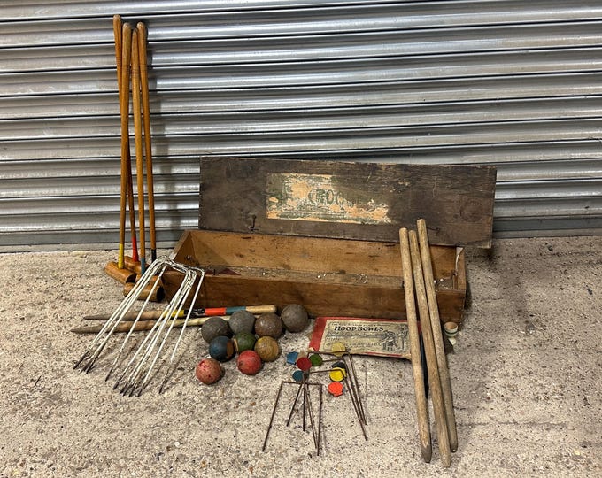 Rare Antique late 19th / Early 1900’s Croquet Hoop Set In Original Two Handled Pine Box