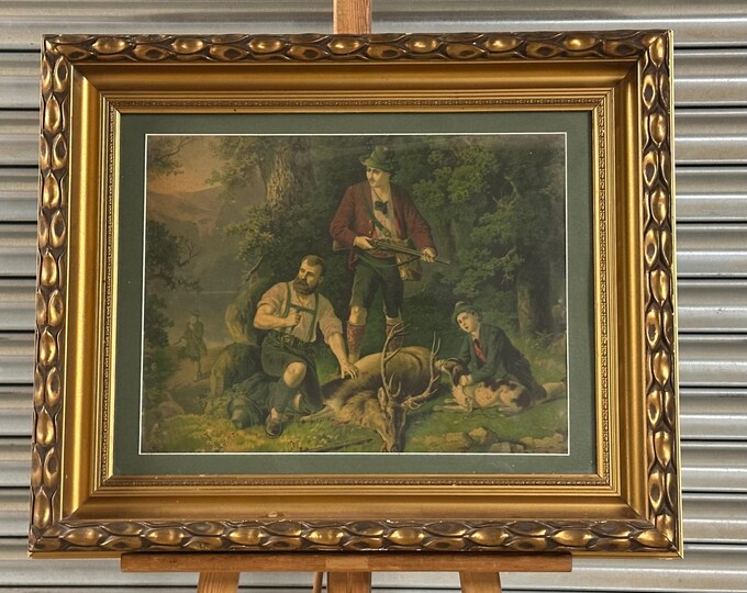 Antique Ornate Gilt Framed Bavarian Stag Hunting Scene Hand Coloured Engraving