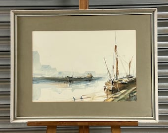 Large Original Watercolour By John Farquharson Of Sailing Boats & Harbour Scene