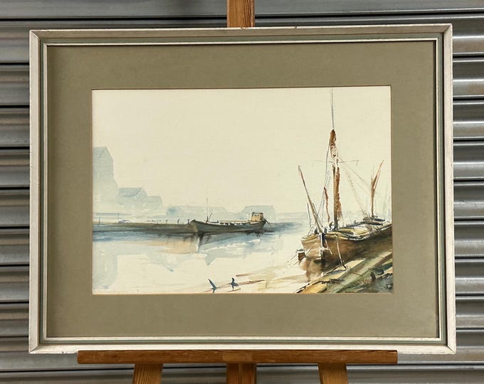 Large Original Watercolour By John Farquharson Of Sailing Boats & Harbour Scene