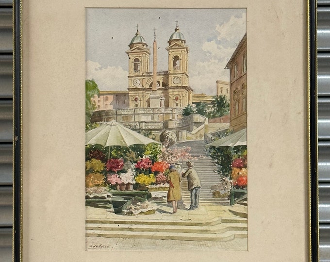 Early 1900’s Watercolour, Flower Seller on Spanish Steps in Rome by Anna De Rosa