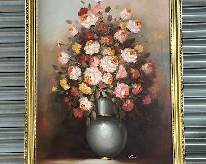 Stunning Large Still Life Oil Painting Floral Display Signed Toma