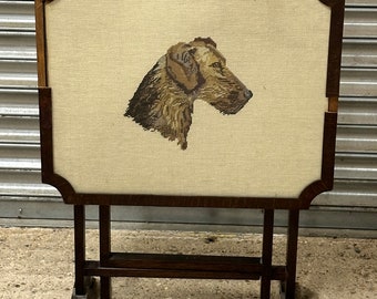 Lovely Vintage & Unusual Folding Oak Side Table With Embroidery Of An Airedale Dog