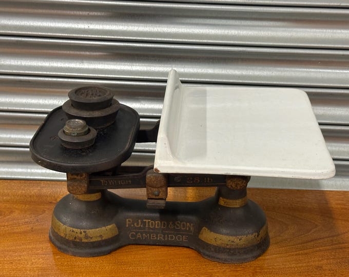 Antique Cast Iron P J Todd & Son Cambridge Shop / Kitchen Scales With Ceramic Plate with Weights