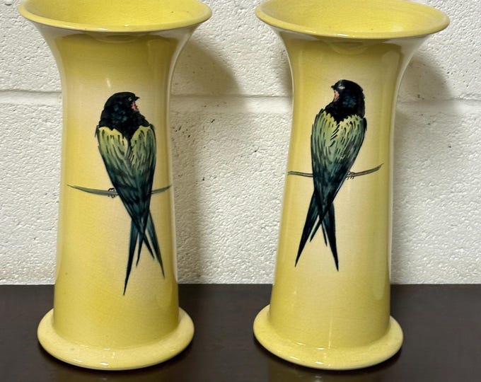 Rare Pair Of Stunning Beautiful Ault, Antique Vases with Hand Painted Swallows - A Design Attributed to Christopher Dresser