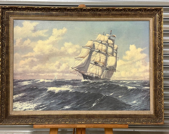 Large Gilt Framed Vintage Oleograph Print - Seascape Scene Of A Galleon Ship after the painting by Kenneth Jepson (1932-1998)