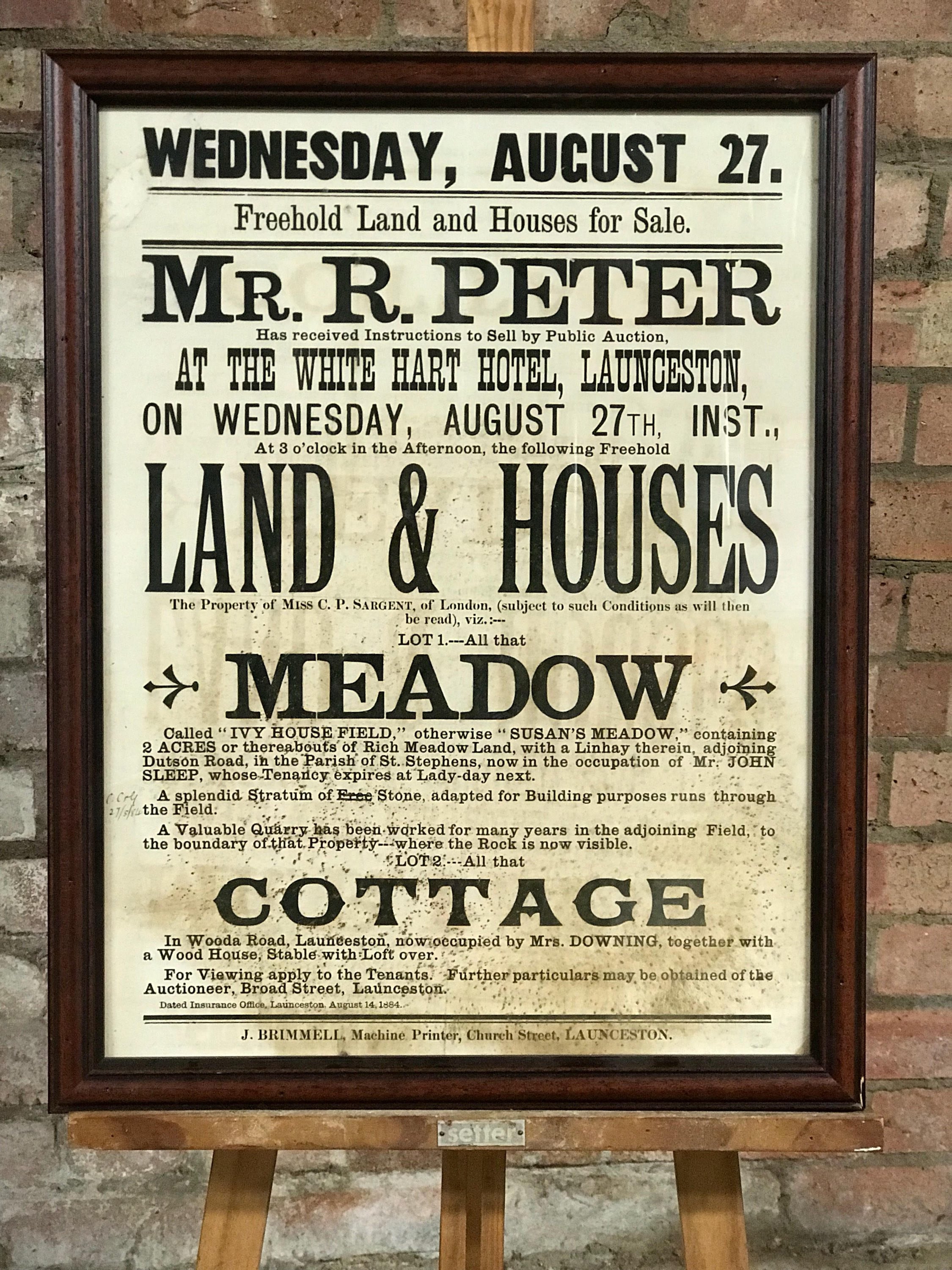 Framed Antique Advertising Freehold Land & Houses for Sale Launceston