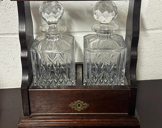 Antique Twin Tantalus with Solid Oak Frame, Brass Fittings + Cut Glass Decanters