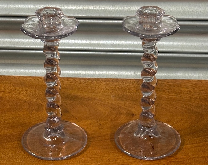 Pair of Vintage Twist Stem Glass Candlesticks – Subtle Lilac Tint