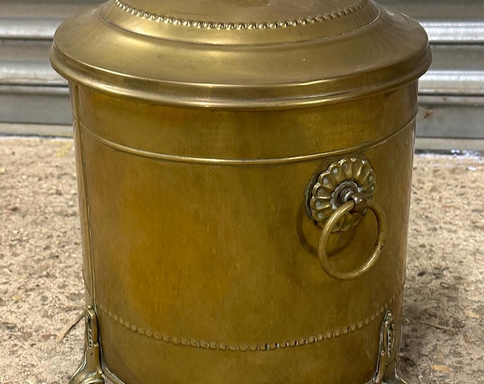 Antique Brass Coal Scuttle / Log Bin with Liner & Lid – Victorian, On Lion Paw Feet