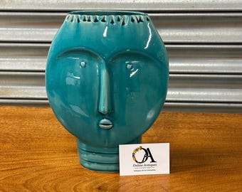 Blue Scandi Style Mid Century Modern Art Pottery Face Vase