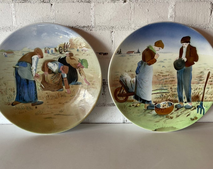 Pair Of Unusual c1900 ‘s German Charger Plates with Scenic Folk / Dutch Farming Scene