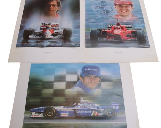 Three F1 Motor Racing Driver Poster Artwork By Stuart Coffield Ayrton Senna, Michael Schumacher and Damon Hill