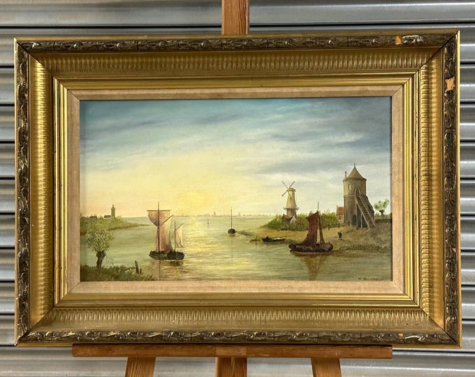 Antique Oil Painting on Canvas – Signed W. Williams – River & Windmill Landscape