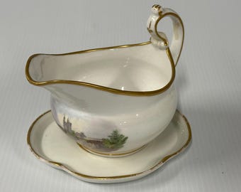 Antique Porcelain Gravy Boat with Underplate – Hand-Painted Landscape & Gilt Trim