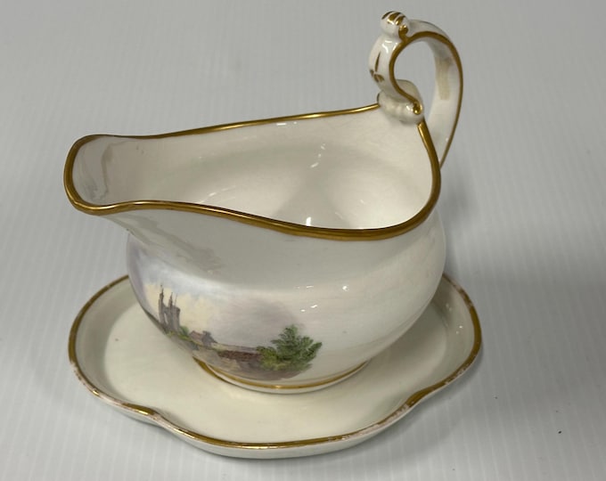 Antique Porcelain Gravy Boat with Underplate – Hand-Painted Landscape & Gilt Trim