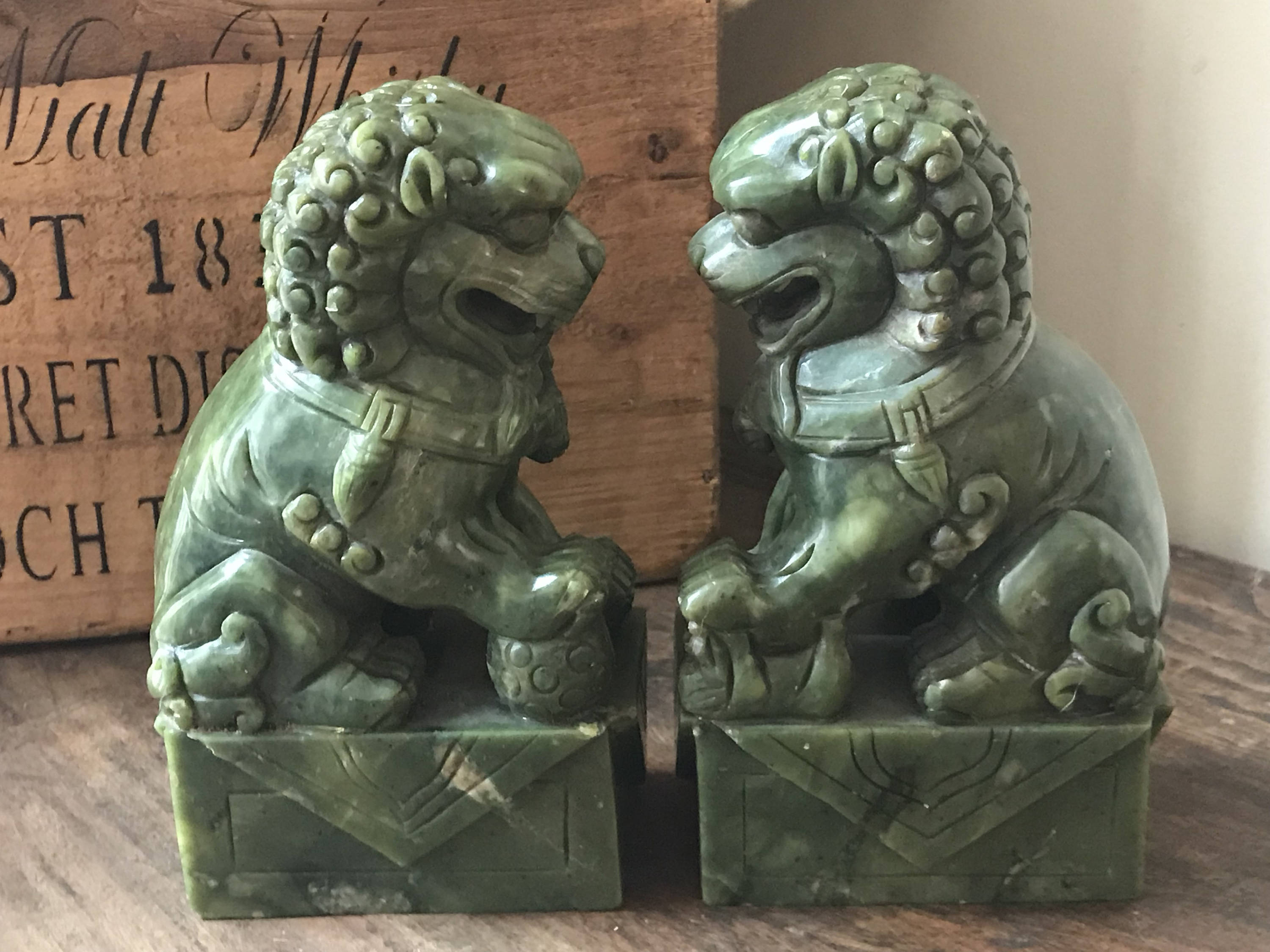 Pair of Chinese Green Marble Foo Dogs