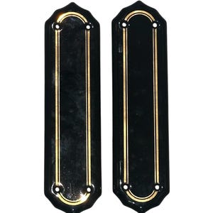 Pair Of Vintage Black Ceramic Door Finger Plates Double Goldline Design
