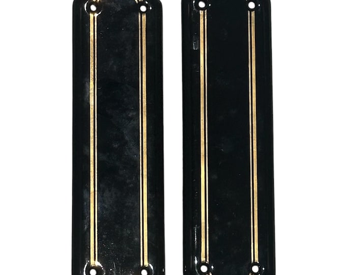Pair Of Vintage Black Ceramic Door Finger Plates Double Goldline Design