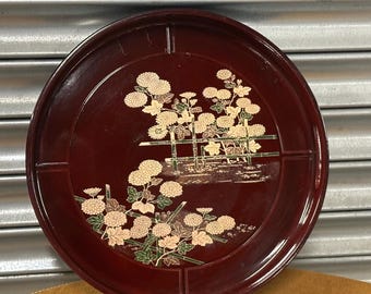 Vintage Japanese Hand Painted Lacquerware Round Serving Tray Red Gold Floral Chrysanthemum