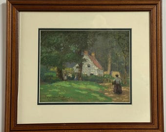 Original Antique 1904 Pastel Artwork Of An English Country Cottage  – Signed