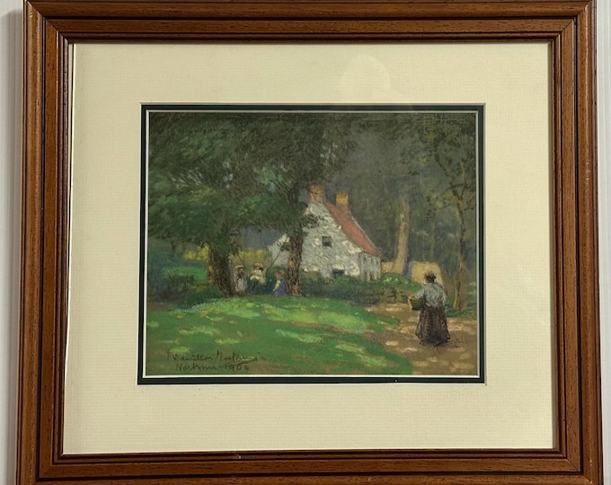 Original Antique 1904 Pastel Artwork Of An English Country Cottage  – Signed