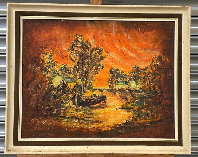 Original Mid Century 1960’s Oil Painting Depicting A Village River Sunset Scene