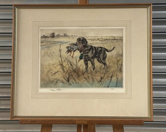 Henry Wilkinson, Drypoint Etching, Black Labrador and Mallard Signed and numbered 4/150