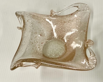 Elegant Mid-Century Italian Murano Hand-Blown Glass Dish – Gold Aventurine & Sculptural Form