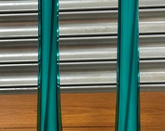 Gorgeous Pair Of Mid Century c1970’s Teal Coloured Tall Slender Glass Vases