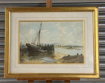 Original Watercolour – Harbour Scene In Rhyl, North Wales with Boats & Fishermen By the Isle of Man Artist, G F Ride