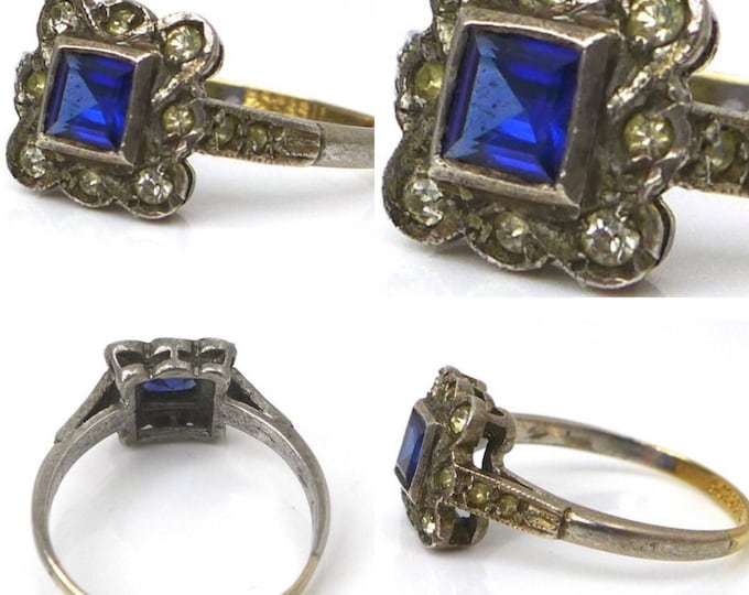 Vintage Art Deco Style Sapphire Diamond Paste 9ct Gold & Silver Ring